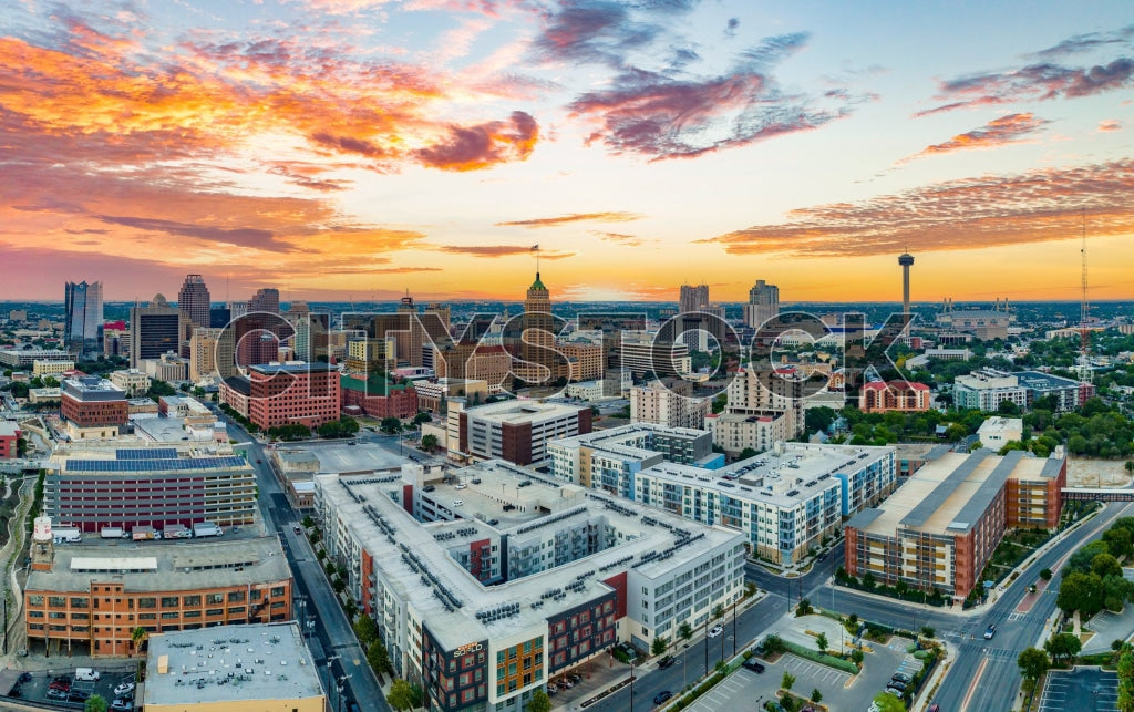 Aerial view of San Antonio, Texas at sunset with vibrant skies