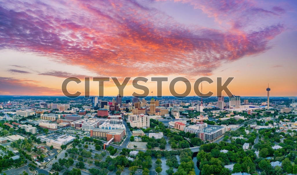 San Antonio skyline during vivid sunset with colorful clouds