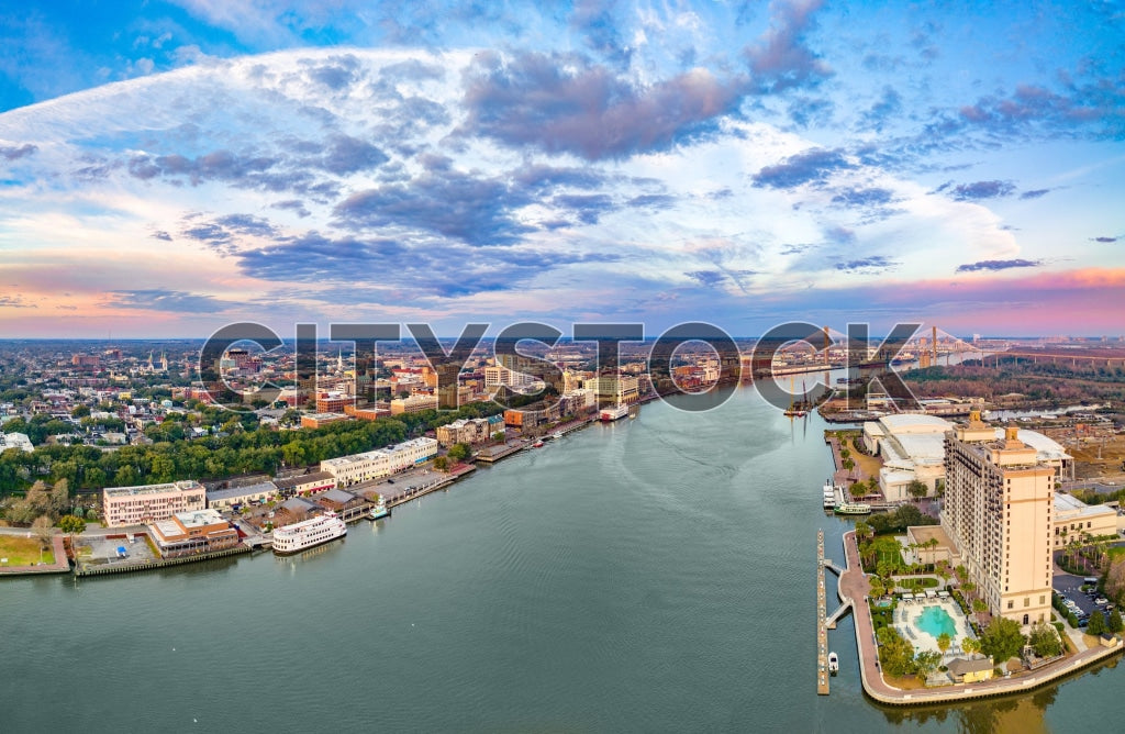 Aerial view of Savannah, Georgia riverfront at sunrise