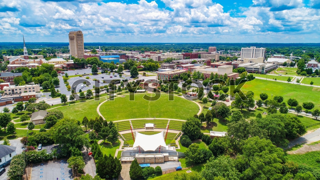 Aerial cityscape of Spartanburg South Carolina on a sunny day