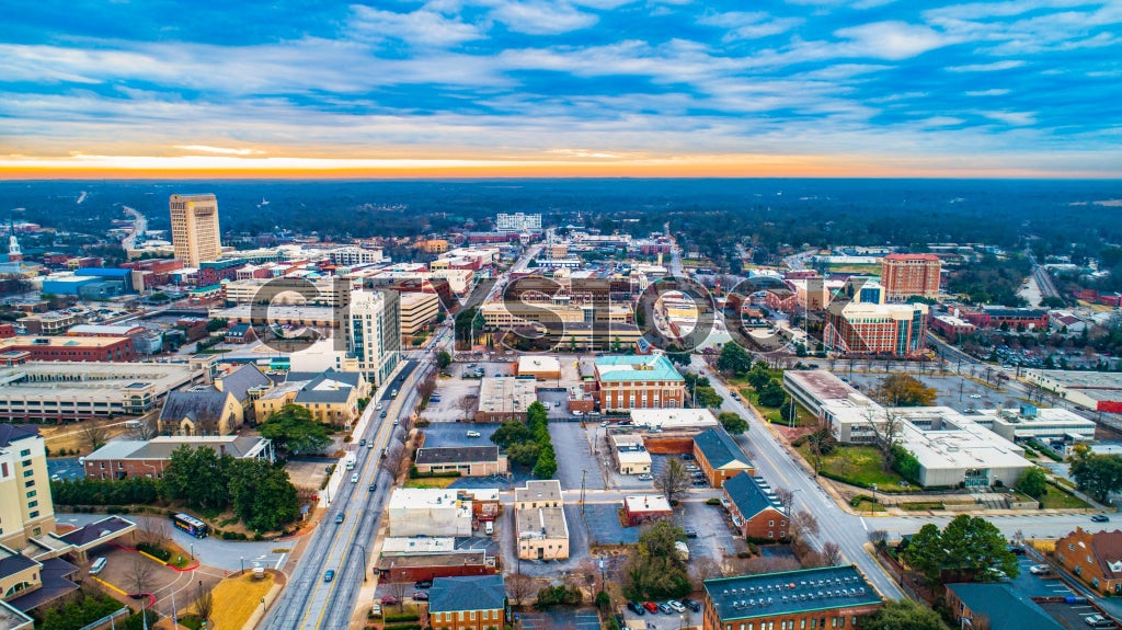 Aerial view of Spartanburg, SC at sunrise with vibrant skies