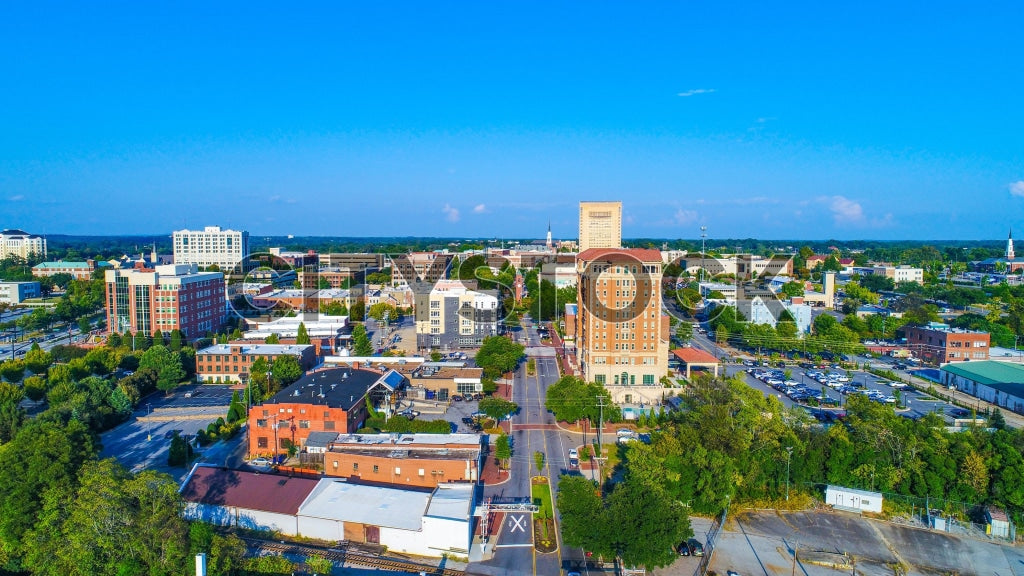 Aerial cityscape of Spartanburg, South Carolina on a sunny day