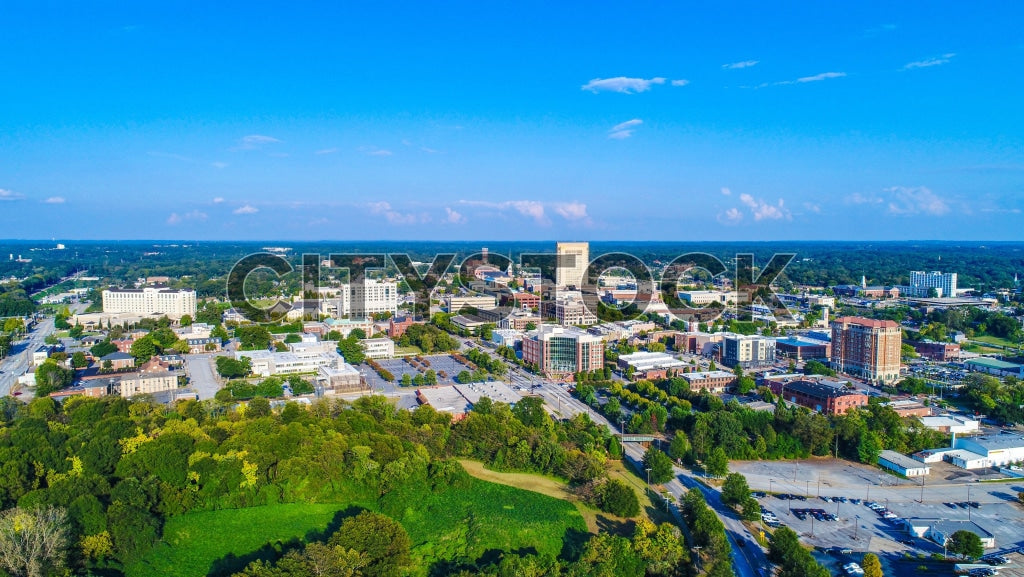 Aerial view of Spartanburg, SC showing urban landscape and green spaces