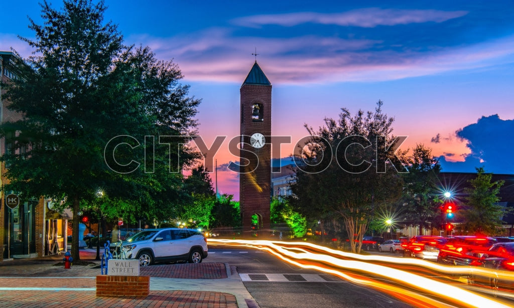 Spartanburg SC evening skyline and light trails at sunset