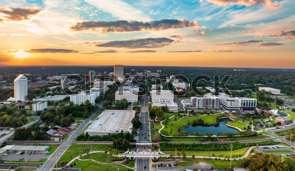 Aerial city view of Tallahassee skyline at sunset with lush landscapes