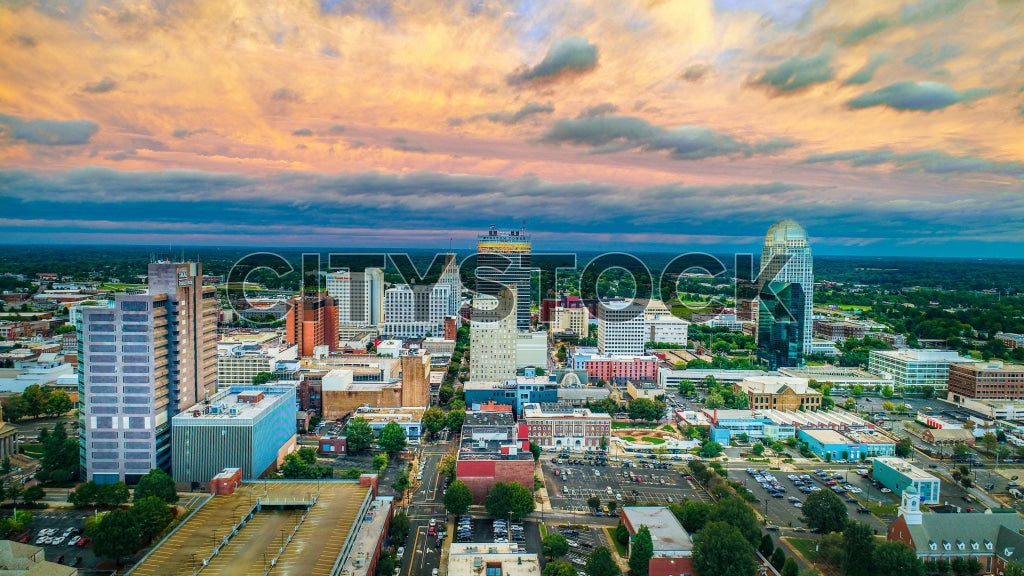 Aerial view of Winston-Salem skyline during sunset, NC