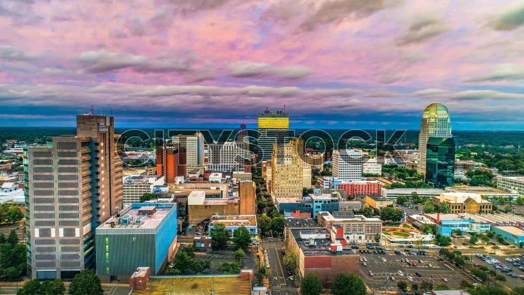 Aerial view of Winston-Salem's cityscape at sunset, North Carolina